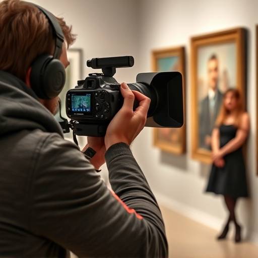 A photographer filming a celebrity during the opening of an art gallery