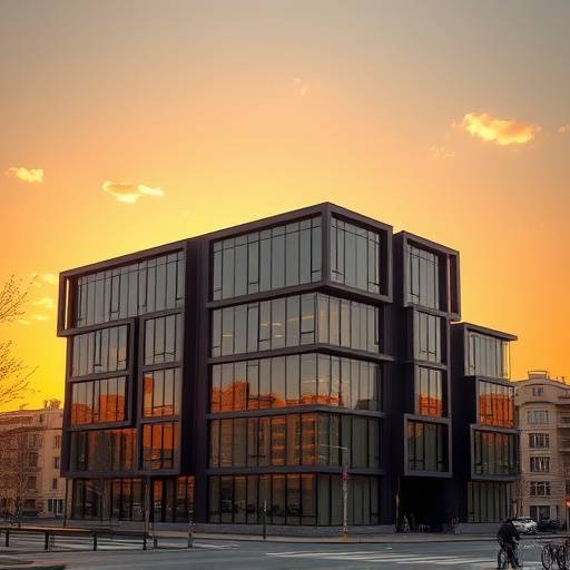 Architectural photograph of a modern building at sunset