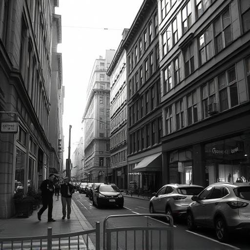 Black and white photo of a city street scene, conveying a sense of timelessness