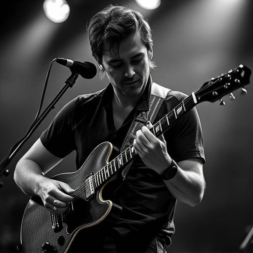 Black and white portrait of a musician playing a guitar