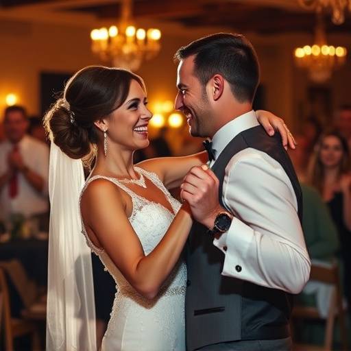 Bride and groom dancing at their wedding reception, captured in a candid photograph