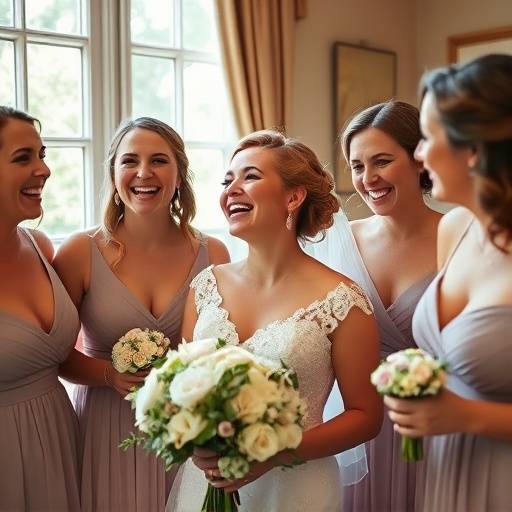 Candid wedding photo capturing the pure joy and laughter of the bride and her bridesmaids as they share a lighthearted moment before the ceremony.