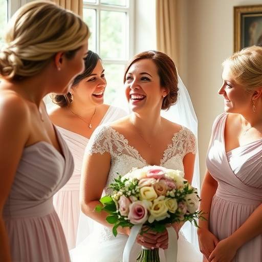 Candid wedding photo of the bride laughing with her bridesmaids