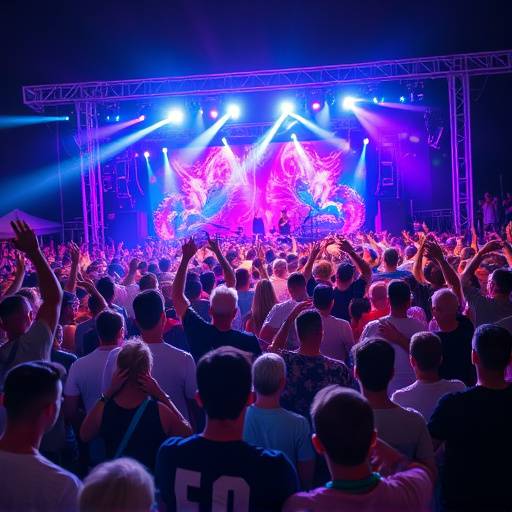 Crowd of people enjoying a live music performance at an outdoor event, showcasing dynamic event photography