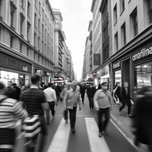 Striking black and white photograph of a bustling city street, capturing the energy and motion of urban life.