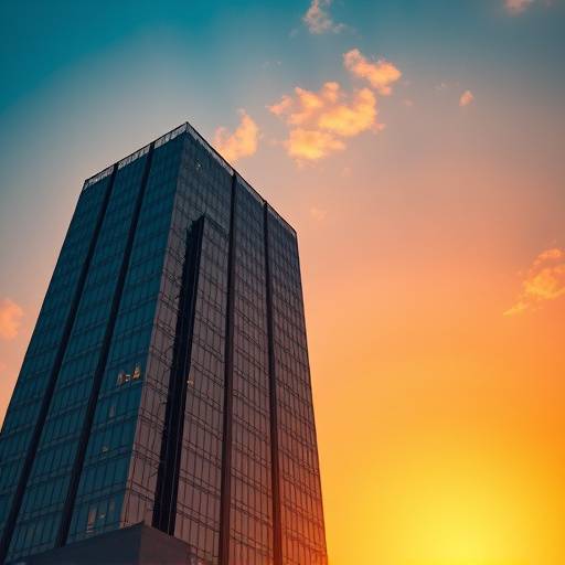 Stunning architectural photograph of a modern skyscraper at sunset, emphasizing the clean lines and reflective glass faÃ¤ade bathed in golden light.