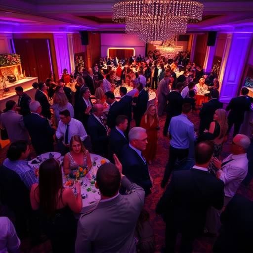 Vibrant and energetic photograph capturing the atmosphere of a corporate gala, featuring attendees mingling and engaging in conversation during a cocktail reception.