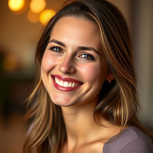 Warm and inviting portrait of a woman with a genuine smile, showcasing her natural beauty and confidence.